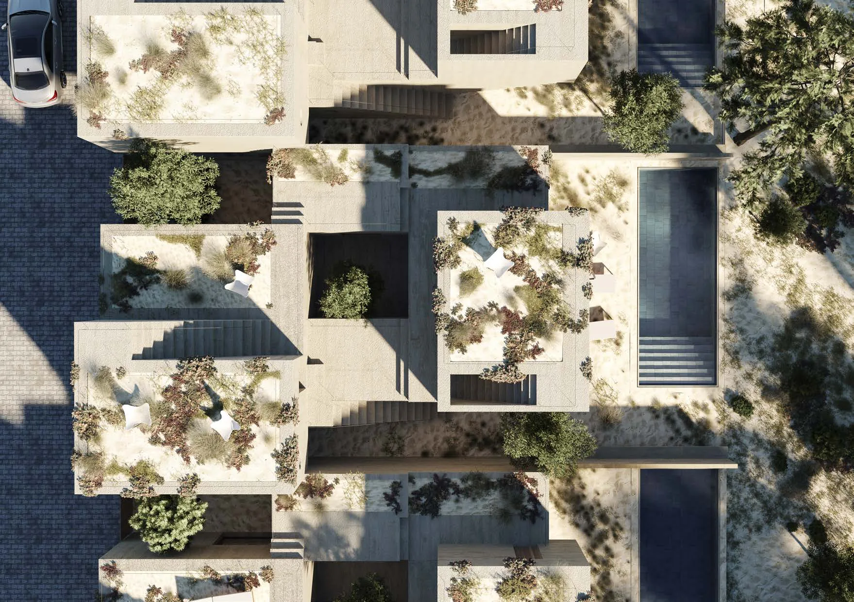 Aerial view of the planted roof terraces