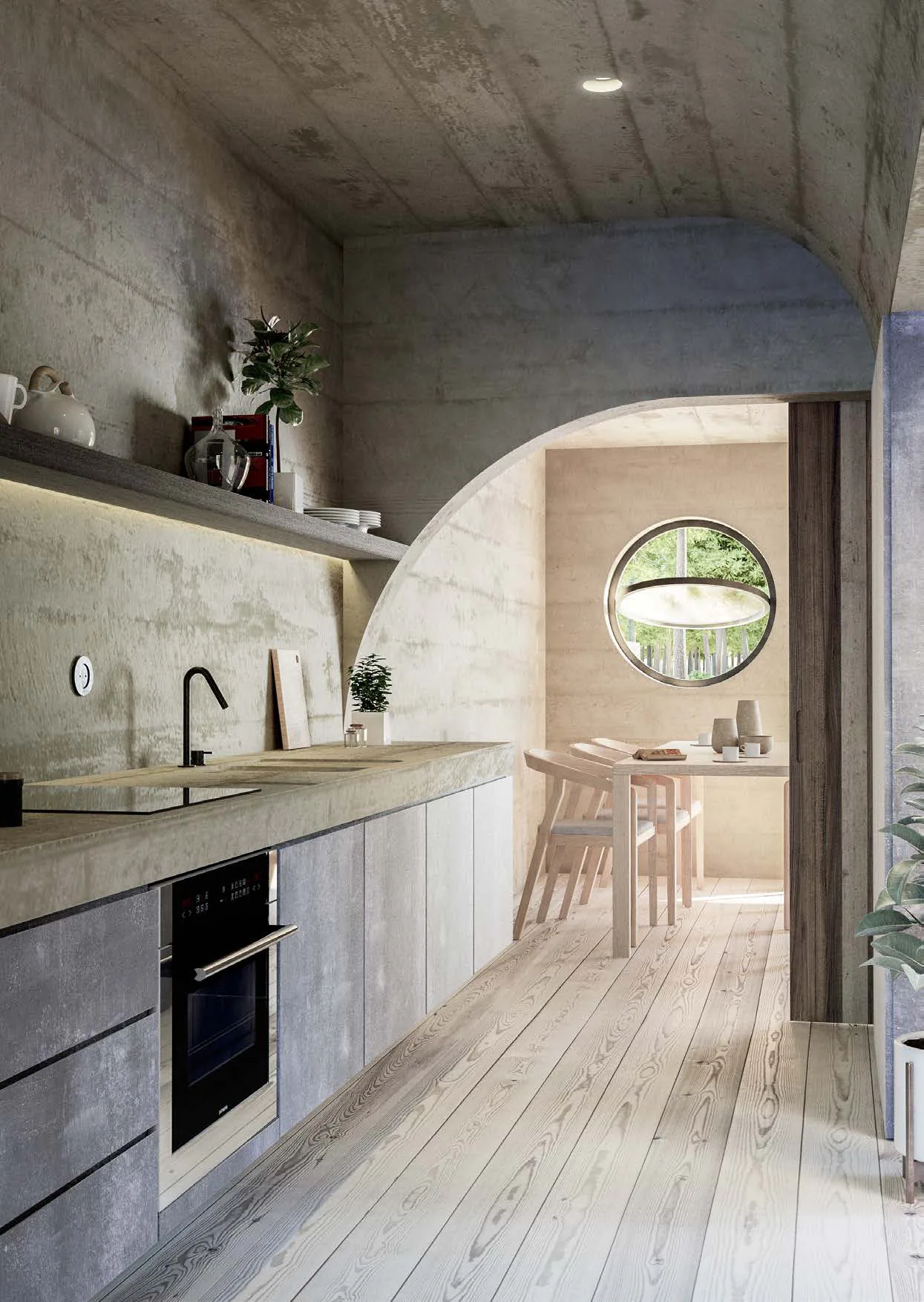 Kitchen in board-formed concrete with a porthole window