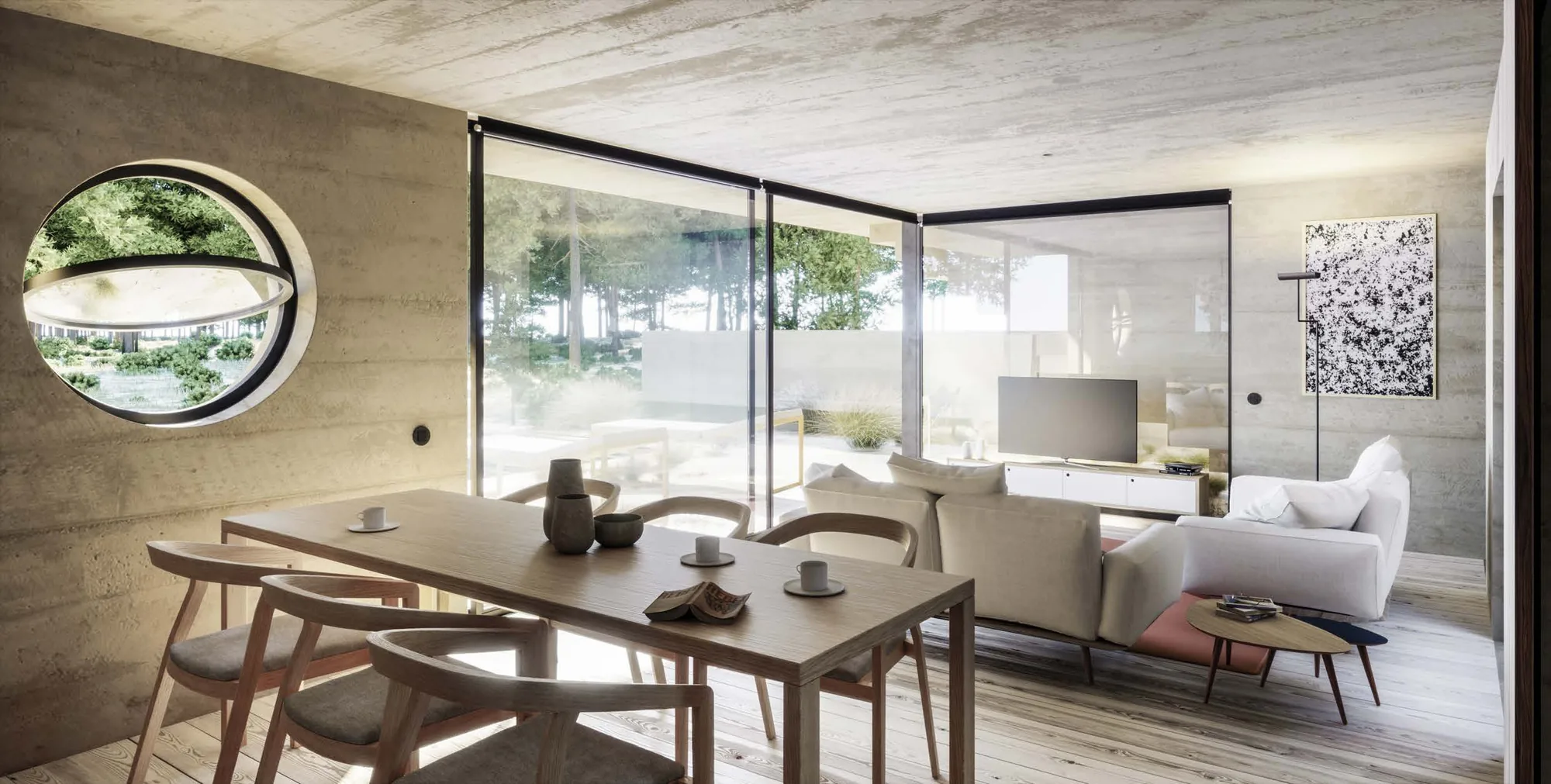 Living and dining room with glazing to the garden and the internal patio