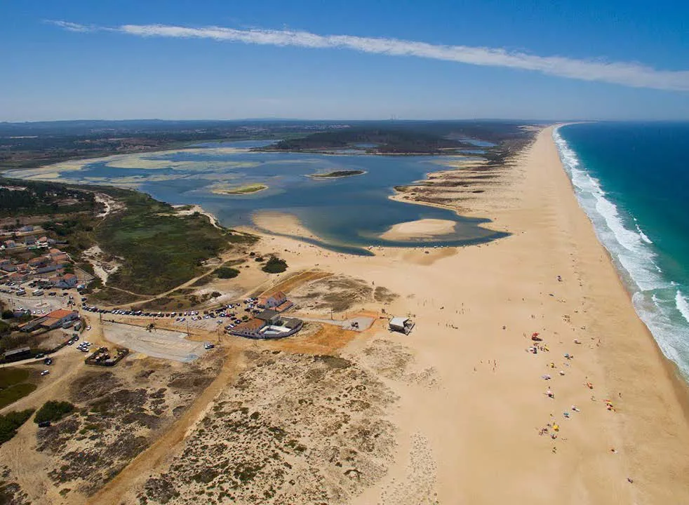 Aerial view of Costa de Santo André beach and the lagoon