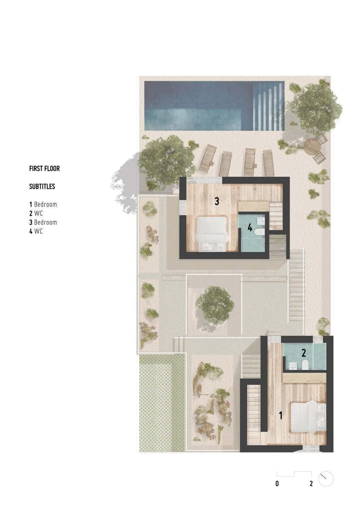 First floor plan with two bedrooms, each with its own bathroom