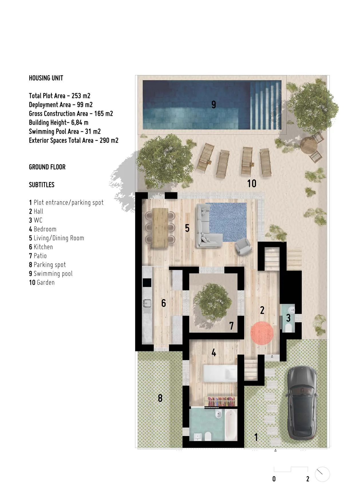 Ground floor plan with patio, pool, garden and parking